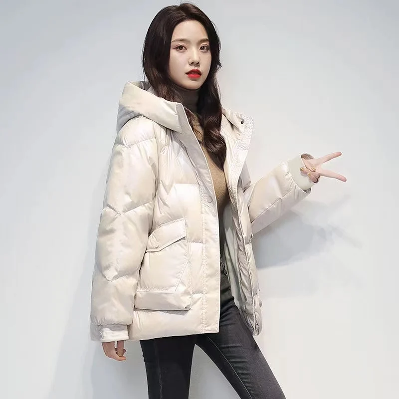 2023 New Glossy Down Cotton Jacket Women Winter Loose Hooded Thicken Warm Outwear Casual Female Parkas Overcoat