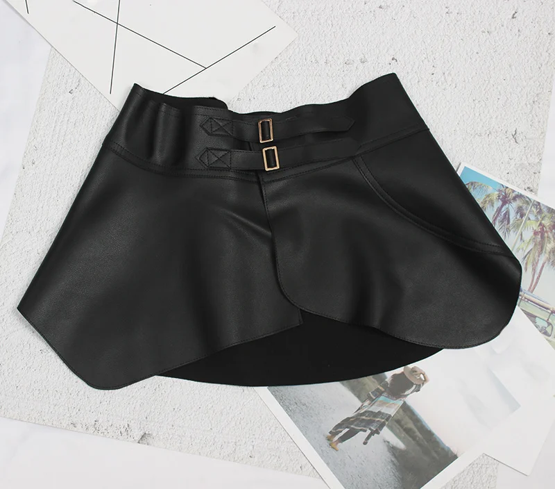 EAM Retro Ruffles Irregular Black Pu Leather Wide Belt Personality Women New Fashion All-match Spring Autumn 2026 1DD4844