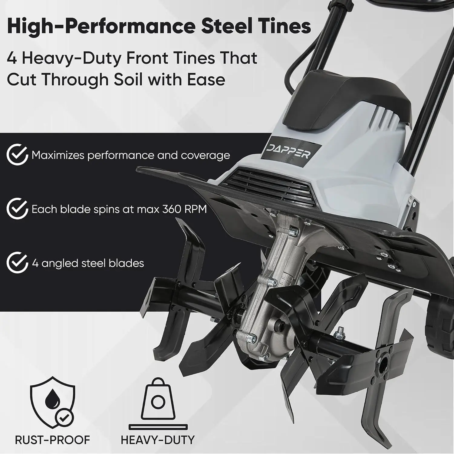 10 Amp Electric Garden Tiller with 4 Steel Tines, Adjustable Depth, Foldable Handle, Lightweight Cultivator