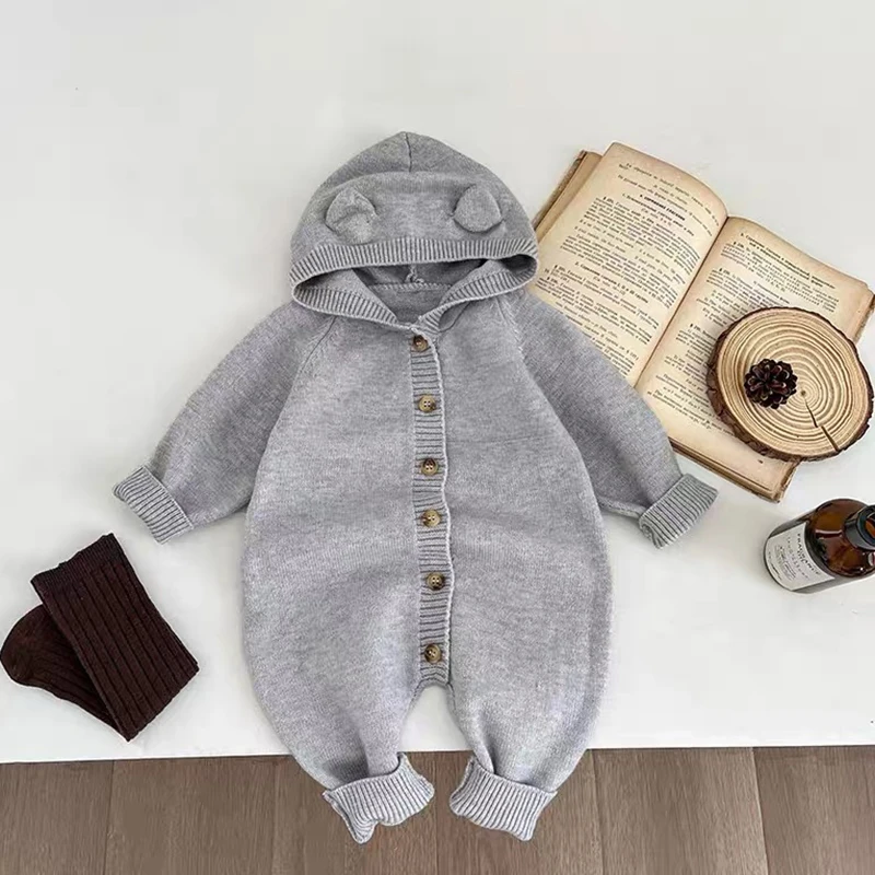 New Autumn Baby Romper Knitted Newborn Girls Jumpsuit Outfit Hooded Toddler Children Clothing Cartoon Bear Ears Knitted Clothing 4