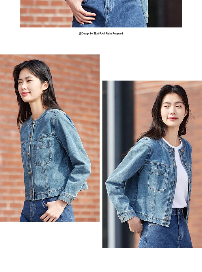 Denim Jacket Women Short Style Small And Taller Spring New Retro Round Neck Jacket Casual And Versatile Coats