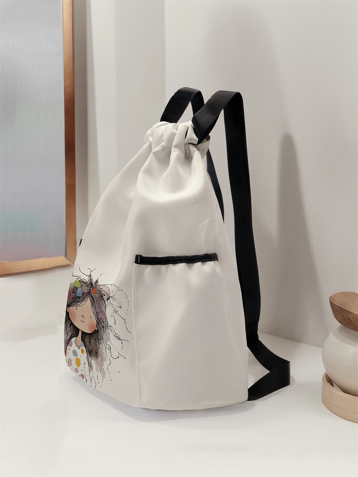 Girl Pattern Drawstring Backpack - Large Capacity Durable Fitness Bag, Adjustable Shoulder Straps, Sports Beach Backpack