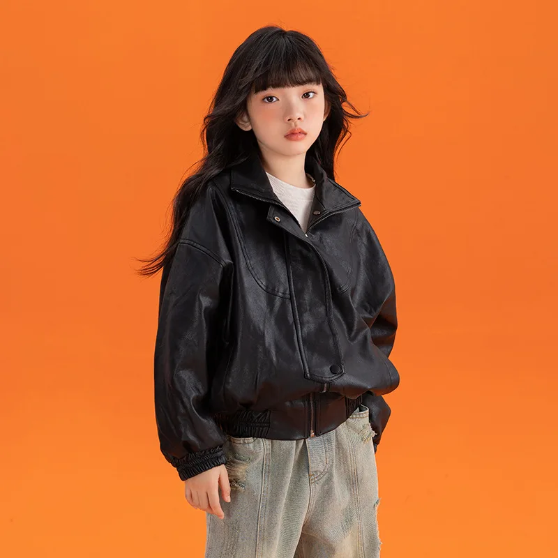 

Kids Girl PU Black Jackets 8 To 12 Years Children Fashion Outfit Clothes Autumn 2023