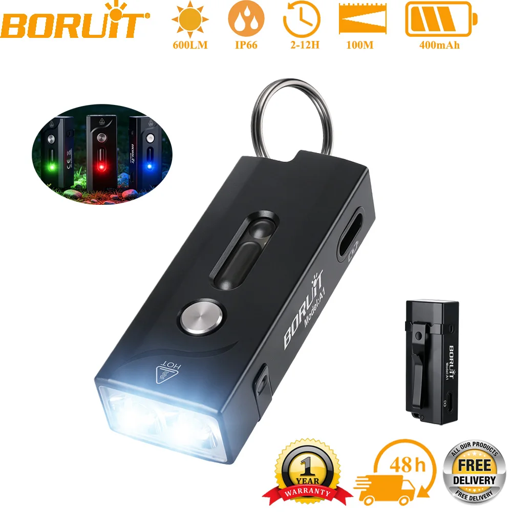 BORUiT 미니 EDC RGB 키 체인 라이트 600LM USB 충전식 토치 펜 클립 방수 다채로운 손전등 캠핑 낚시 선물