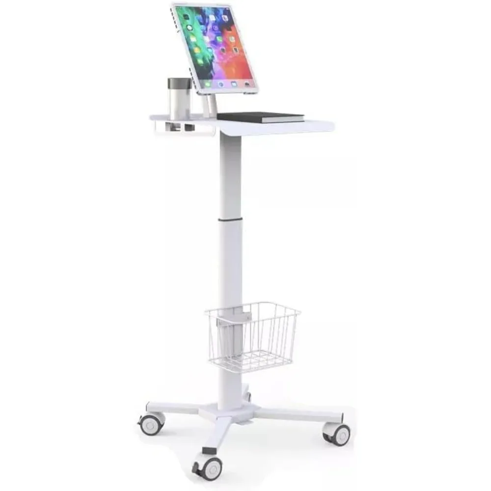 Height Adjustable Mobile Medical Tablet Cart with Wheels, Tablet Enclosure, and Basket Storage