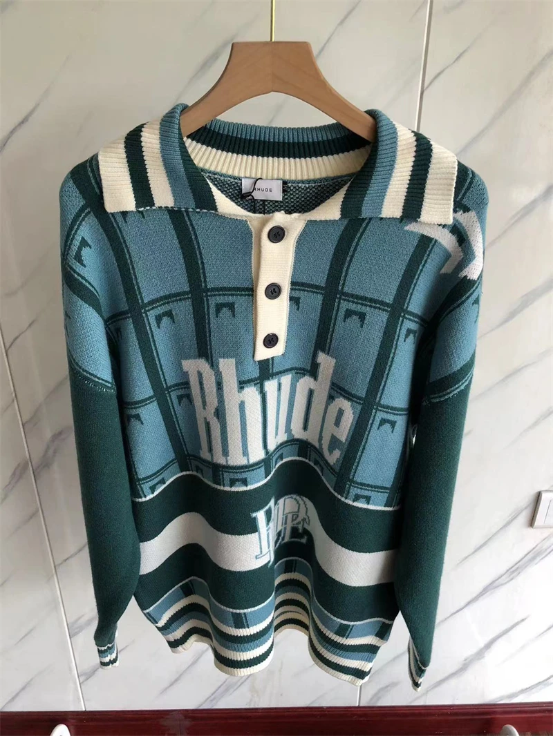 

23SS Top Quality Rhude Letter Jacquard Sweater Men Women New Standing Collar Green Sweatshirts Jaqueta