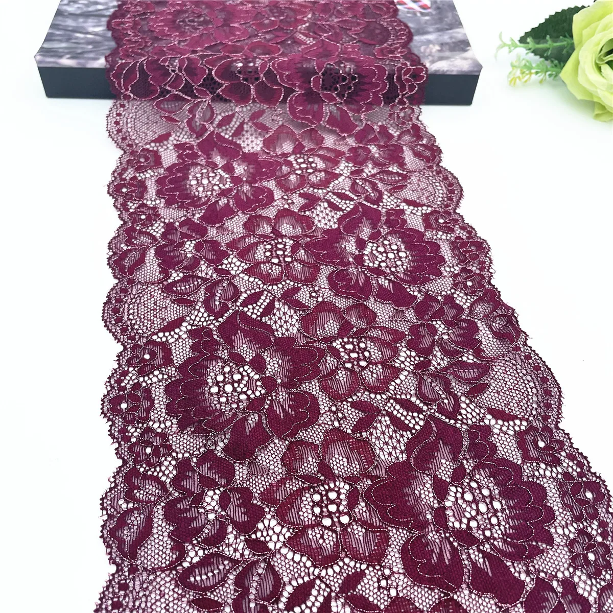 3y/lot Width 17.50cm Burgundy With Silver Elastic Stretch Lace 1