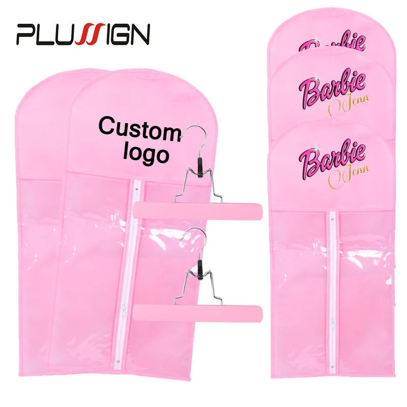 

10Sets Custom Packaging Bag With Logo For Storage Hair Wigs Non-Woven Transparent Plastic Wig Bags With Hanger Light Pink Black