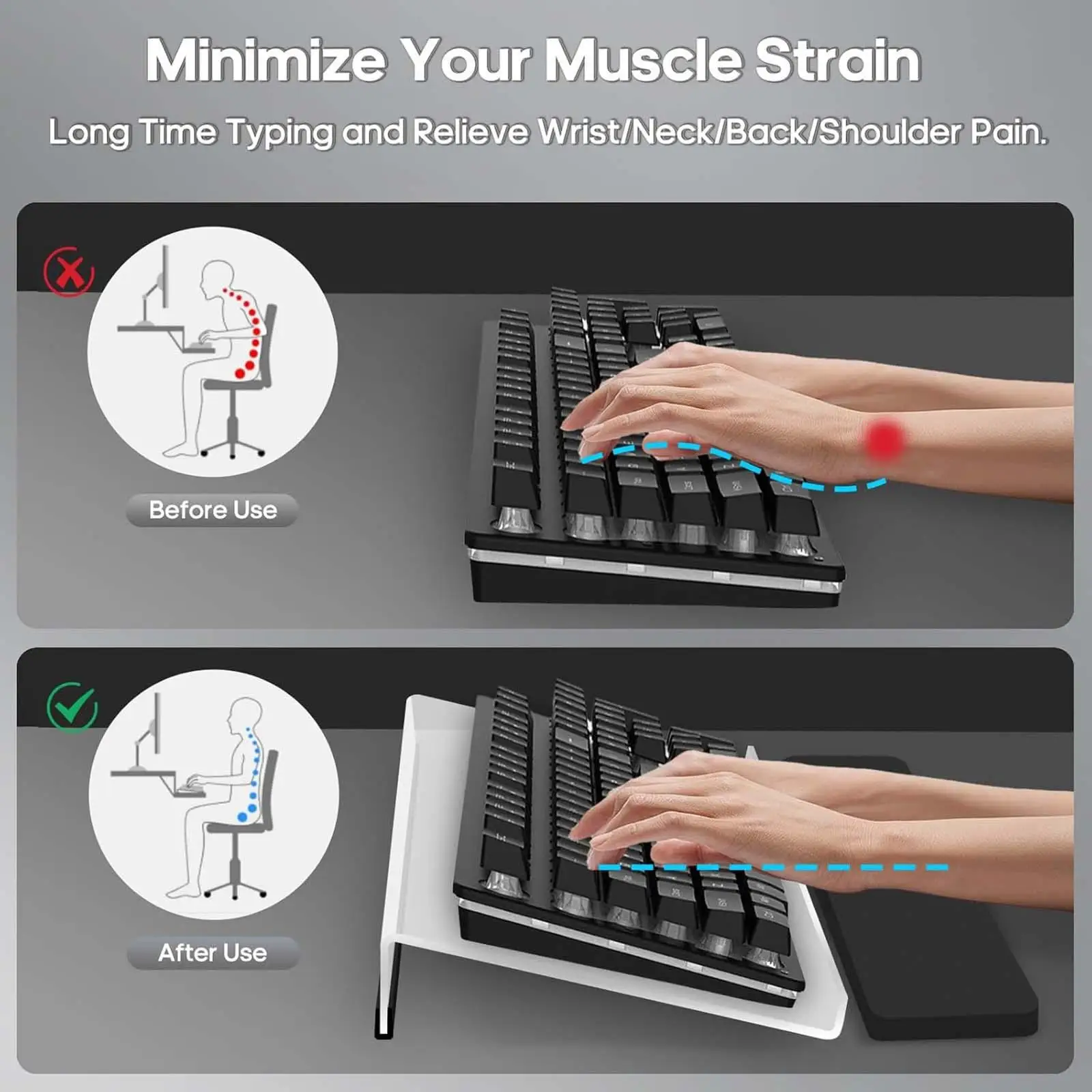 컴퓨터 키보드 스탠드 및 손목 받침대, 아크릴 키보드 라이저 책상, 회사 직원을 위한 편안한 타이핑 틸트 키보드 홀더
