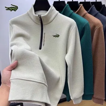 New Plush and Thick Half Zippered Hoodie for Men's Winter Warmth T-shirt With Long Sleeves and Standing Collar Shirt Top