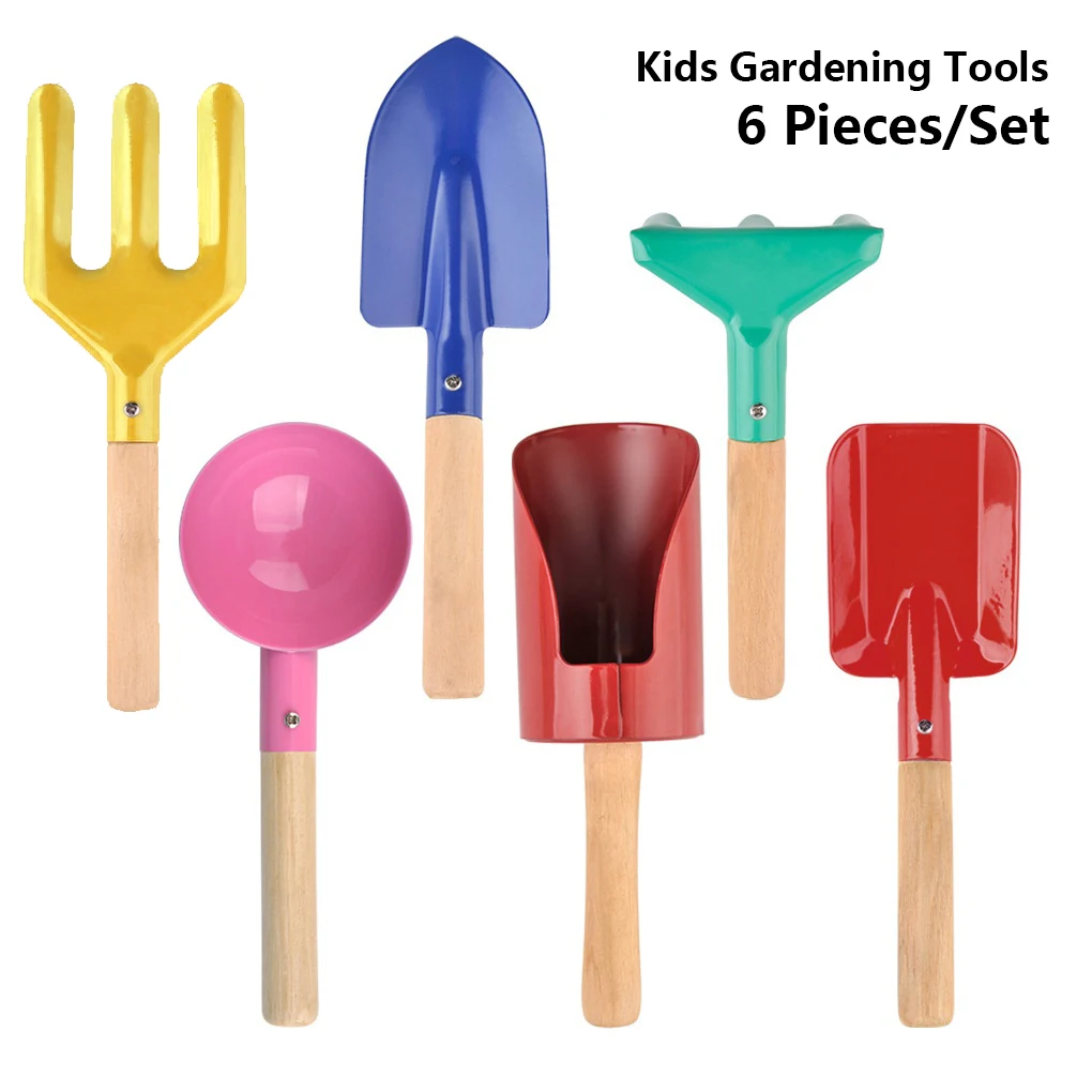 Pack of 6 Kids Gardening Tools Set Rake Fork Spade Digging Planting Parent-child Activities Toys Outside Beach