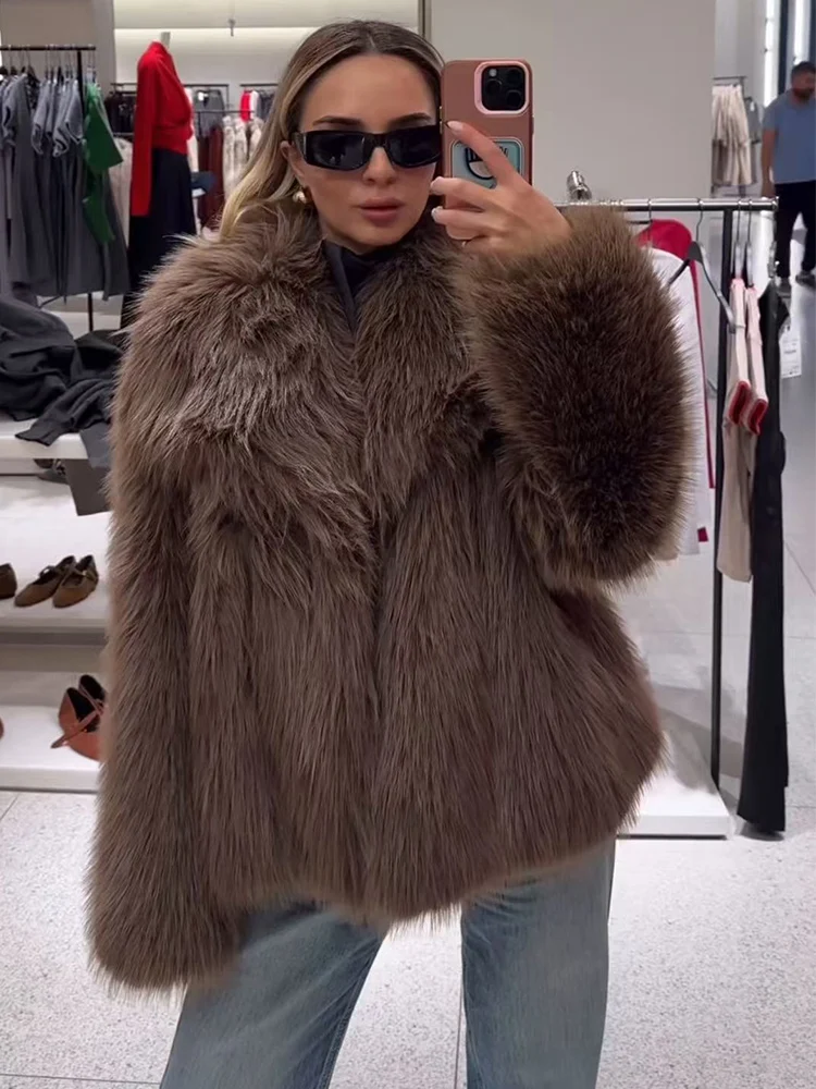 2025 Winter Women Casual Faux Fur Jackets Fashion Outerwear Elegant Solid Oversized Turn Down Collar Warm Thick Fur Coats