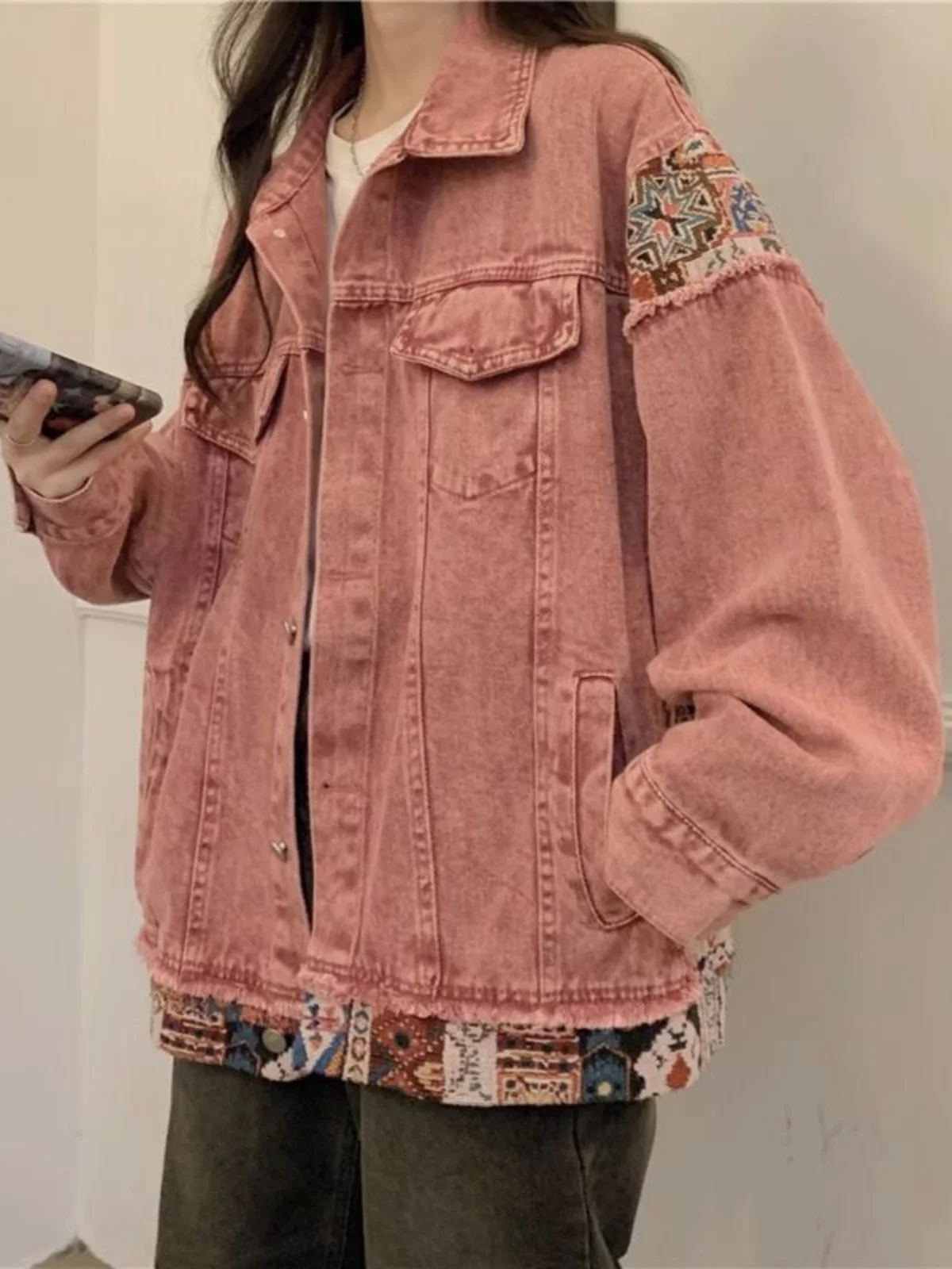 Spring And Autumn Denim Coat Women 2023 New American Jacket Loose Antique Sweet Cool Pink Patchwork Work Clothes Jean Jacket Men four seasons men jeans antique jeans beard effect washed straight tube denim jeans motorcycle jeans street costume ins hot sale