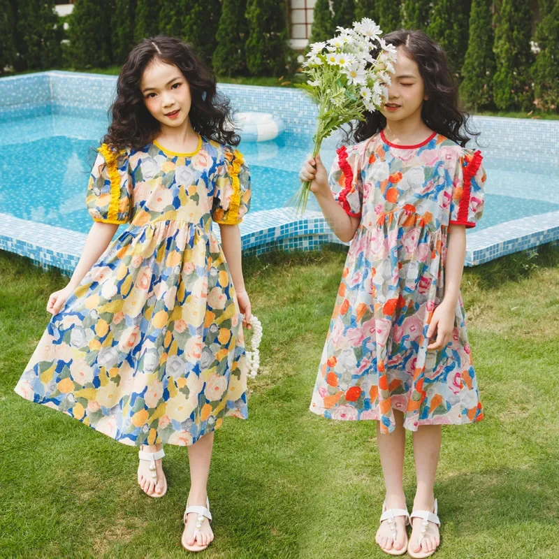 

2023 New Teen Girls Summer Dress Thin Children Casual Clothimng Fashion Kids Floral Dresses, #7370