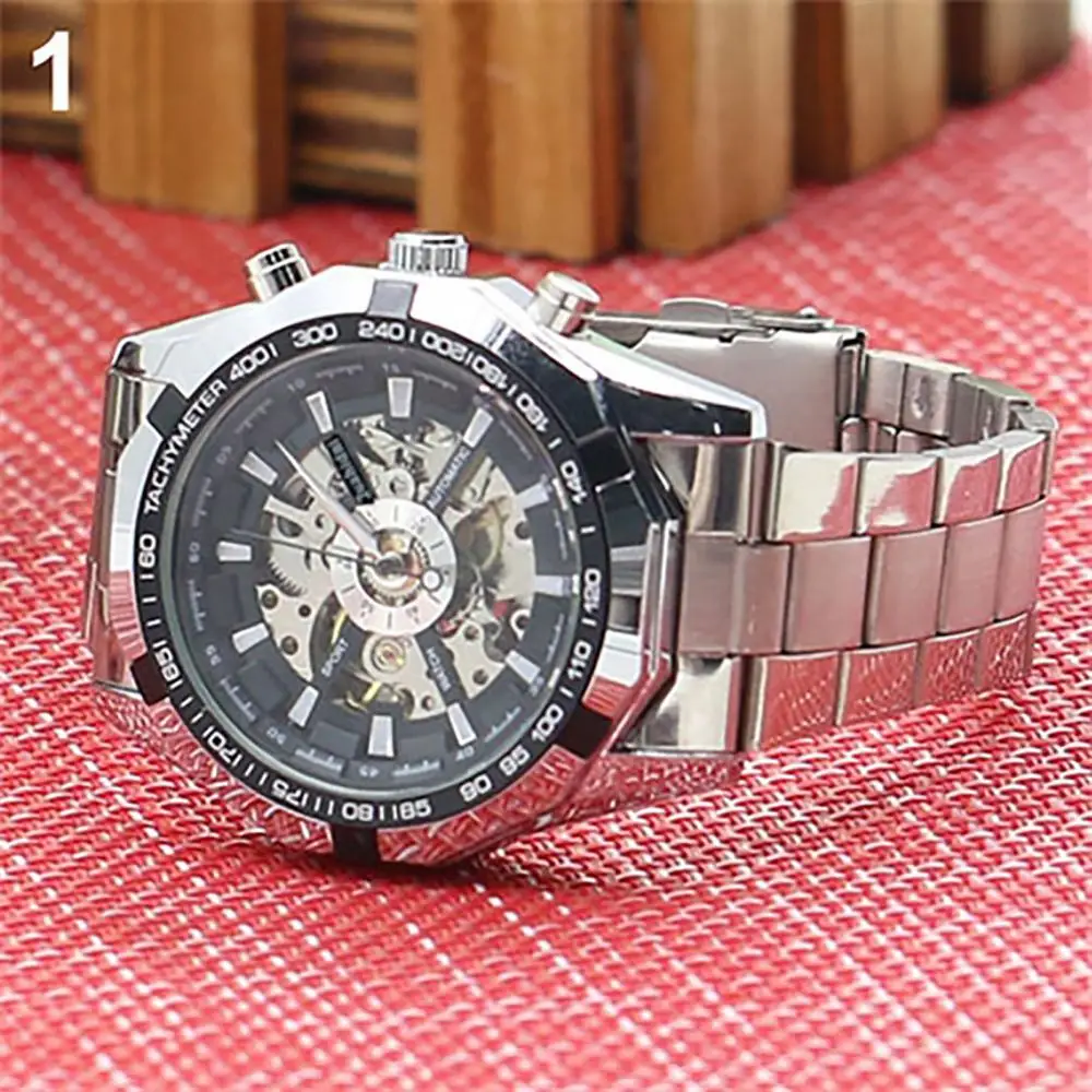 & Men Hand-Winding Skeleton Automatic Mechanical Stainless Steel Sport Wrist Watch