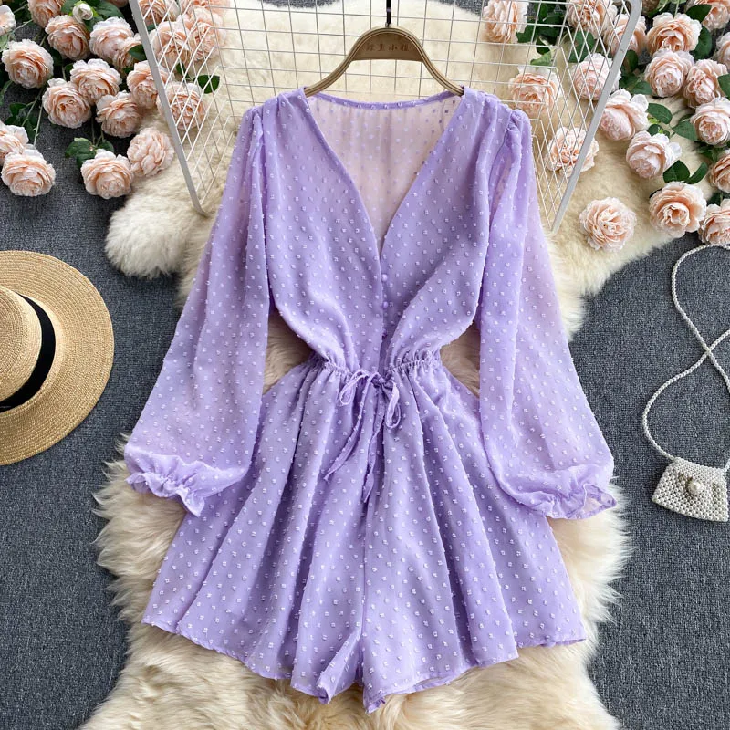 

Women Fashion Dot Chiffon Rompers Casual Loose Puff Sleeve V Neck Overalls Jumpsuits 2023 Summer Korean Wide Leg Beach Playsuits