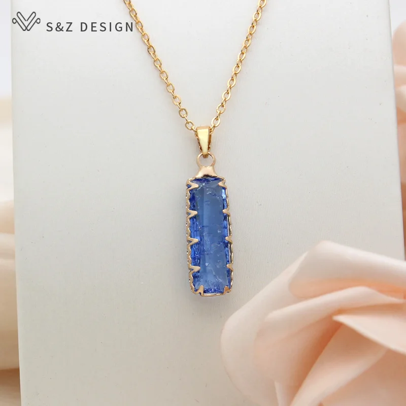 S&Z DESIGN New Fashion Rectangle Ice Crack Crystal Dangle Earrings For Women Wedding 585 Rose Gold Color Eardrop Jewelry Gift