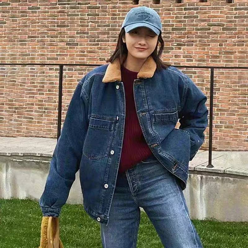 

2023 Winter Vintage Women Denim Jacket Long Sleeve Single Breasted Casual Plush Detachable Collar Coat for Lady