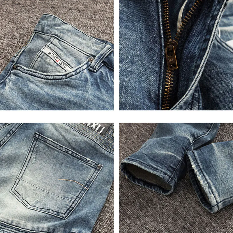 Street Fashion Men Jeans Retro Light Blue Elastic Slim Fit Spliced Biker Jeans Homme Patched Designer Hip Hop Denim Pants Men