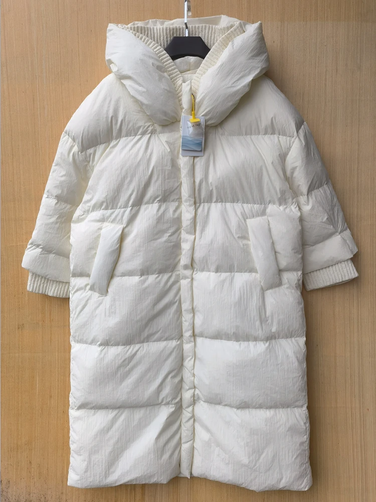 Black White Hooded down jacket for women Winter Oversized Thick warm 90% White duck down coat Long Feathers Outwear INKEO 3O234