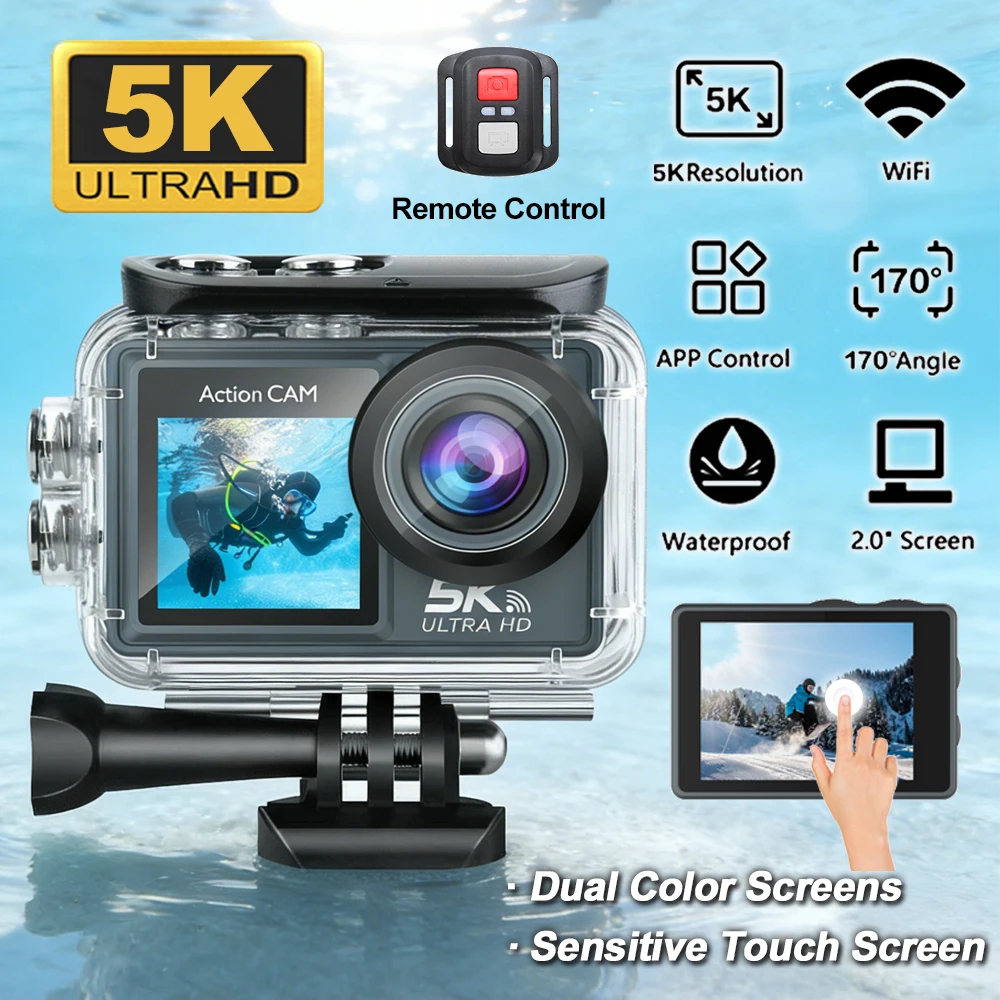 M40R 5K Action Camera 2" IPS Touch Screen 5X Zoom 30M Waterproof WiFi Sports Camera Mini Action Cam 170° With Remote Control