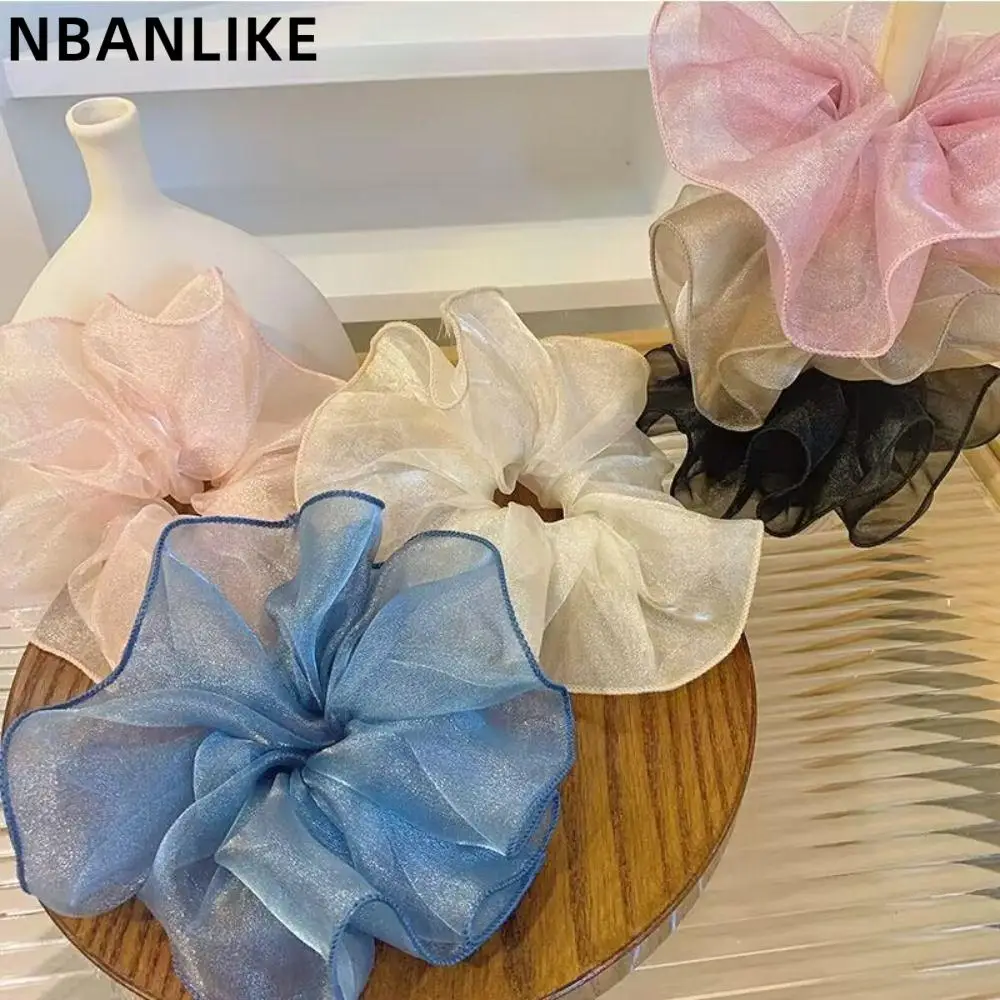 Korean Style Sweet Large Organza Hair Scrunchies Solid Color Mesh Elastic Hair Band Seaside Vacation Headwear 3pcs elegant mesh hair ropes set sweet floral organza large intestine hair rings simple stylish hair ties