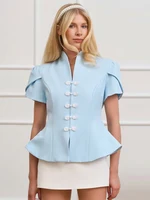 Blazer élégant pour femme, bleu, col montant, simple boutonnage, manches bouffantes, nouvelle collection printemps 2026, veste de bureau tendance 3