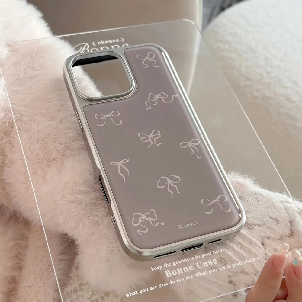 Full Screen Pink Grey Bowknot Electroplated Resin Phone Case Back Cover