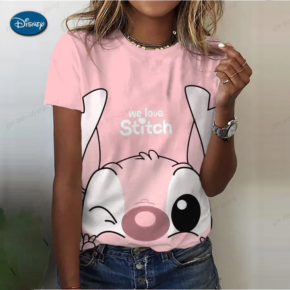 

New Women's anime T-shirt Stitch O-neck Design Y2k Fashion Trend Summer Short Sleeve Sexy Neckline Disney Pattern Print Top