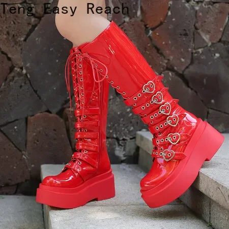 Women‘s Thick Bottom Motorcycle Boots Women Knee High Boots Autumn Winter Patent Women Lace-up Casual Boots Red Size 35-43