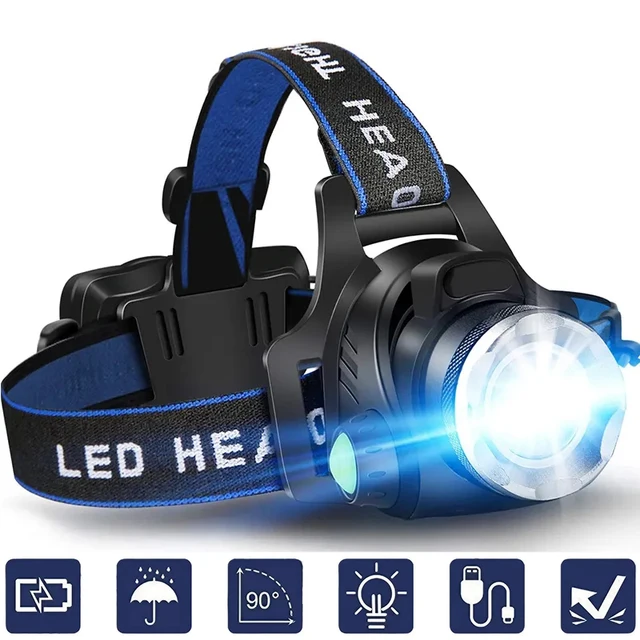 פנס ראש עם חיישן LED חזק בשימוש עם סוללה נטענת 18650, פנס קמפינג חיצוני אלומיניום עם תאורה גבוהה 1