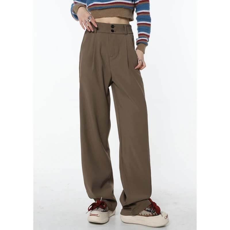 

Brown Womens Suit Pants High Waist American Vintage Baggy Pants Streetwear Style Fashion Female Straight Wide Leg Trouser