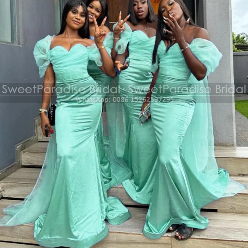 

Mint Green Off Shoulder Bridesmaid Dresses Long Mermaid Short Sleeves Trumpet Wedding Party Dress Maid Of Honor For Women