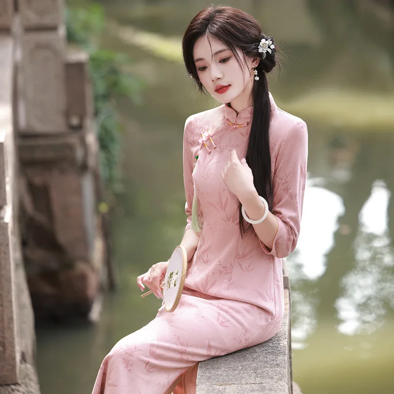 

Yourqipao Autumn Suede Carved Slanted Lapel Long Pink Cheongsam Literary Retro Qipao Chinese Traditional Evening Dress for Women