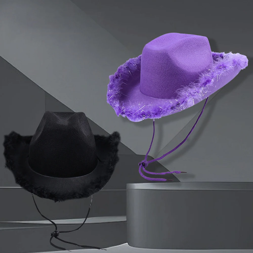 Fashionable Cowboy Hat Simple Solid Color Fur Edge Leopard Print Party Hat Women Men Performance Lanyard Fancy Dress Hat 3