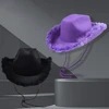 Fashionable Cowboy Hat Simple Solid Color Fur Edge Leopard Print Party Hat Women Men Performance Lanyard Fancy Dress Hat 3
