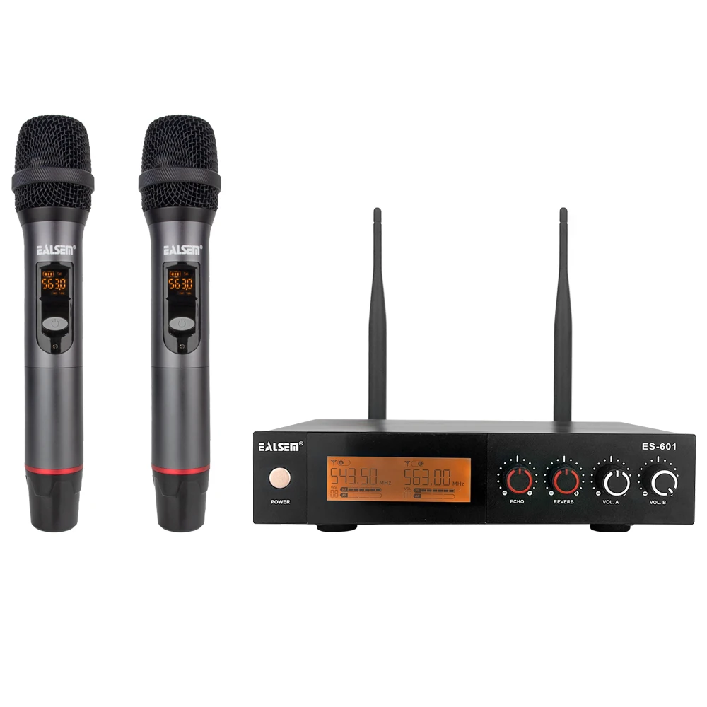 EALSEM 601 UHF Dual Channel Metal Dynamic Microphone,Receiver With Adjustable Reverberation, Echo,For KTV,Stage,164FT/50m,Black