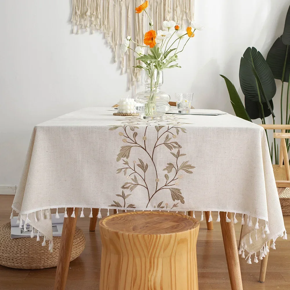 Nappe de Table en Coton et Lin Brodé à Motif Floral, Couverture Décorative d'Extérieur