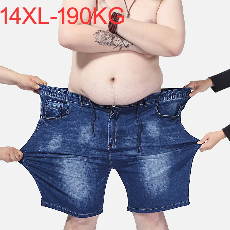 

Plus size 14XL 190KG men's denim shorts pants high elasticity waist summer shorts straight jeans high stretch blue large 12XL