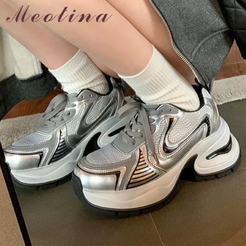 

Meotina Women Sneakers Round Toe Flats Mixed Colors Lace-up Platform Ladies Fashion Casual Shoes Spring Autumn Black Silver 40