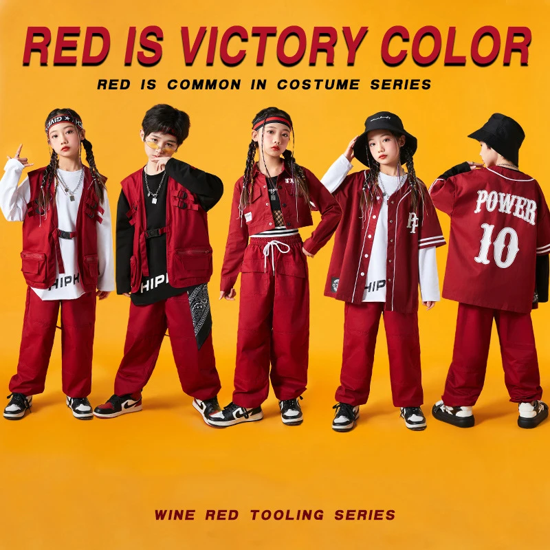 Red Series Hip Hop Dance Costume For Kids Jazz Performance Girls Kpop Boys Street Dance Drum Stage Wear