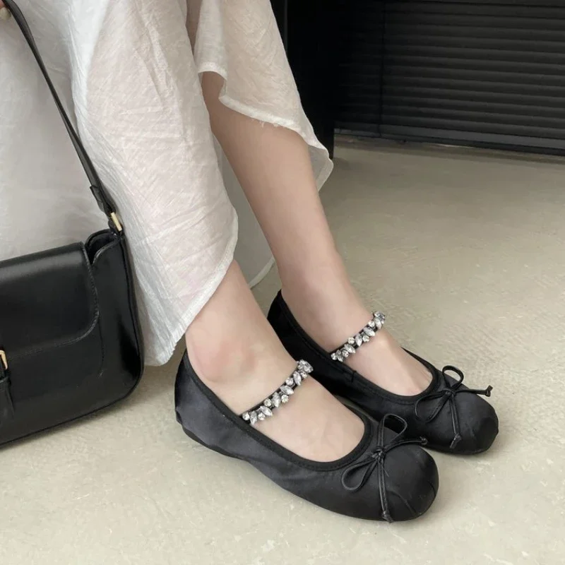 2024 New Spring Summer Flat Rhinestone Ballet Shoes Women's Shoes Retro Satin Mary Jane Shoes Ballet Flats Women Zapatos Mujer