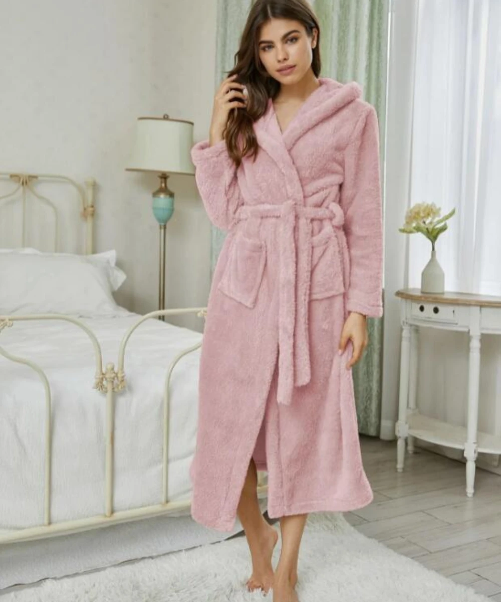 Women's New Fall and Winter Solid Color Flannel Hooded Bathrobe Extended Lace-up Elegant Fashion Comfortable Casual Pajamas