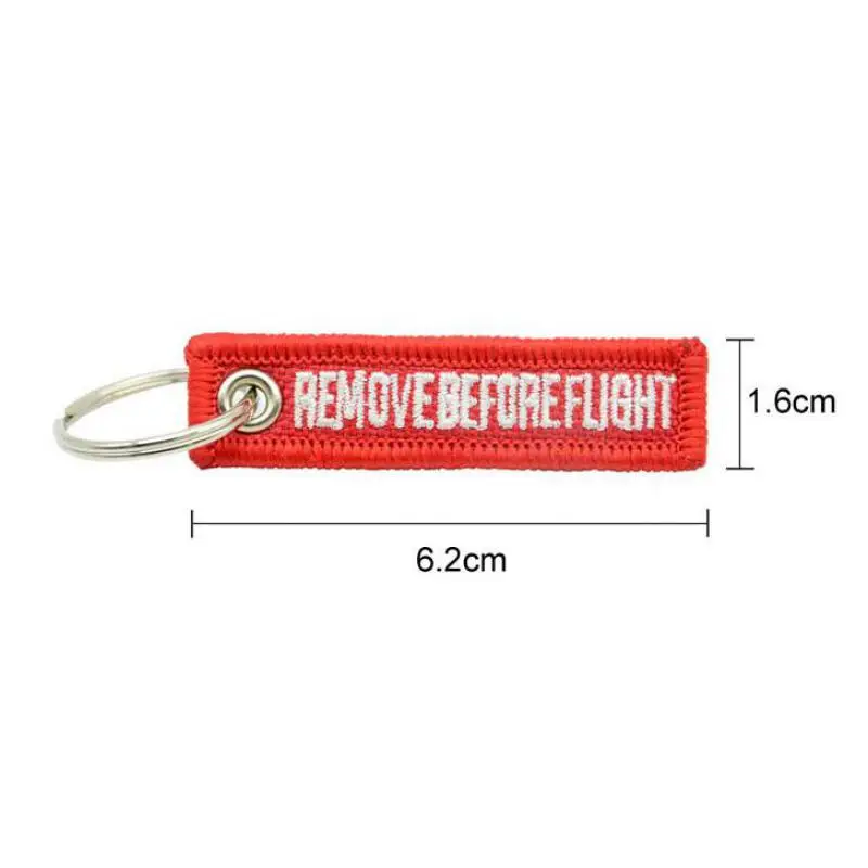 20 개/갑 비행 전에 제거 6.2*1.6 미니 크기 텍스트 양면 자수 자동차 키 체인 야외 Carabiner 열쇠 고리 도매