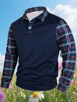 Camicia Casual da Uomo a Blocchi di Colore, Polo a Maniche Lunghe con Colletto, T-Shirt a Quadri Semplice e Retrò, Abbigliamento Maschile