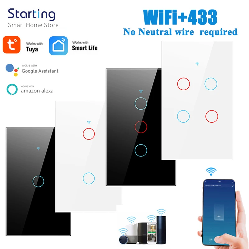 

Умный сенсорный выключатель Tuya WiFi + RF433, Светодиодная панель с голососветильник управлением и управлением через приложение Alexa Google Home, 1/2/3/4 клавиши