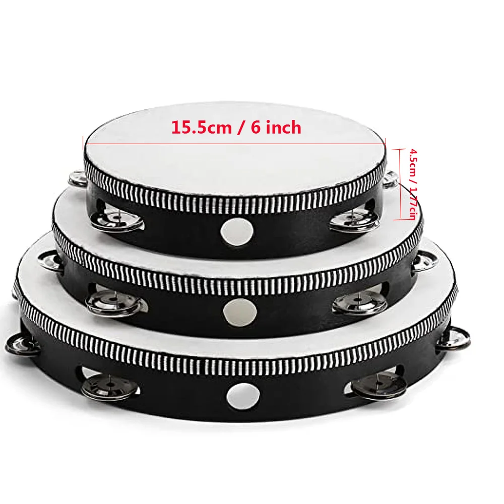 1Pc Wooden Tambourine 4/6/8/10-Inch Black Rim with Metal Jingles Percussion Instrument for Concert Church Party