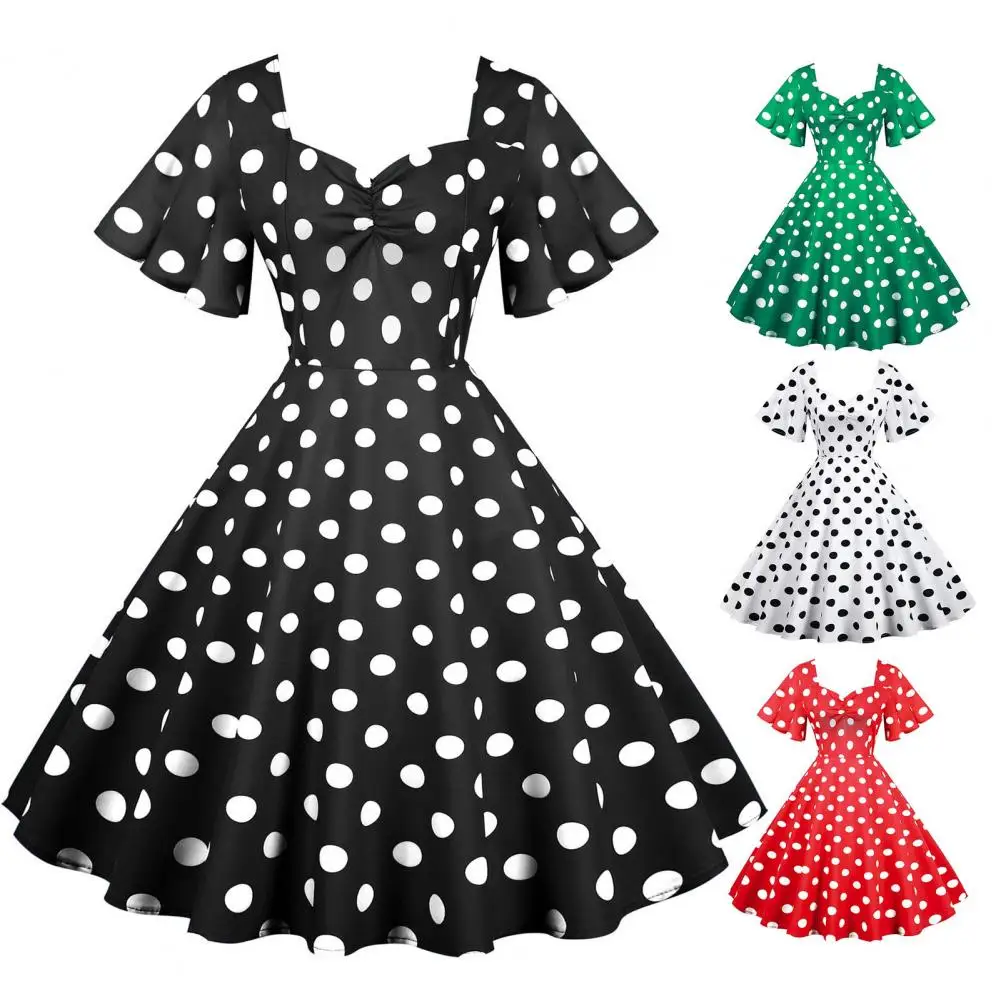 

Dot Printed Design Dress Elegant Vintage A-line Evening Dress with Polka Dot Print V Neckline Ruffle Sleeves for Parties Proms