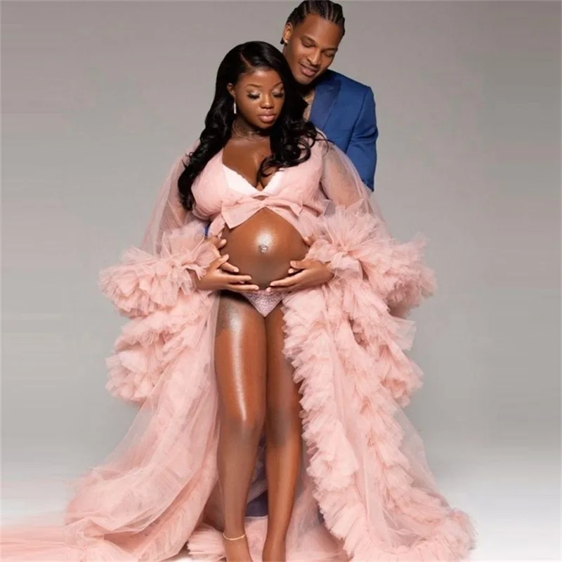 Blush Pink Maternity Robes Women Prom Dresses Sheer Long Photo Shoot Fluffy Tiered Ruffles Tulle Formal Event Overlay Sleepwear ruffles tulle maternity dresses for photoshot pregnant evening dress long sleeves plus size sheer prom gown sleepwear robe