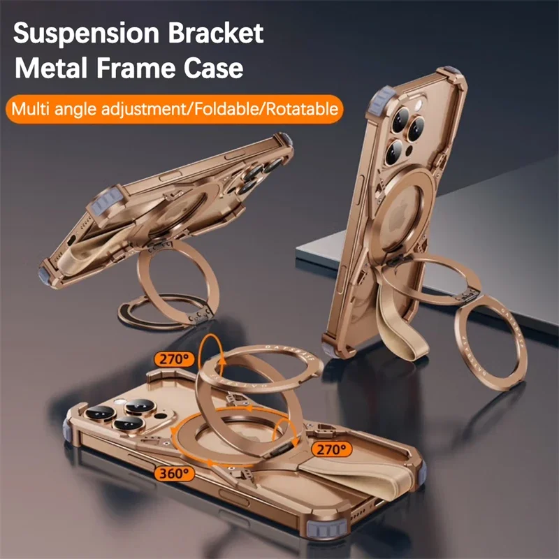 Luxury Metal Frame Magsafe Phone Case For iPhone 16Pro 16ProMax 360° Magnetic Bracket Aluminum Alloy Frameless Shockproof Cover 3
